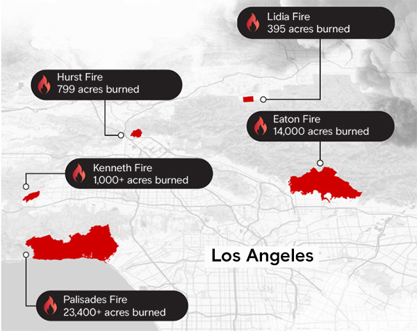 Map of the wildfires in and around Los Angeles, California